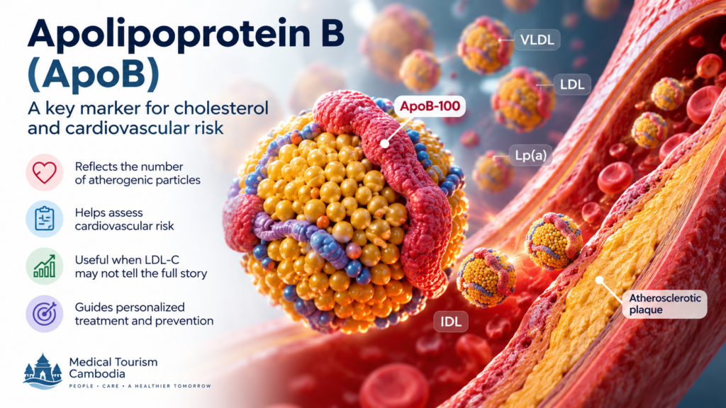 Medical illustration of ApoB-containing lipoprotein particles and atherosclerotic plaque in an artery.
