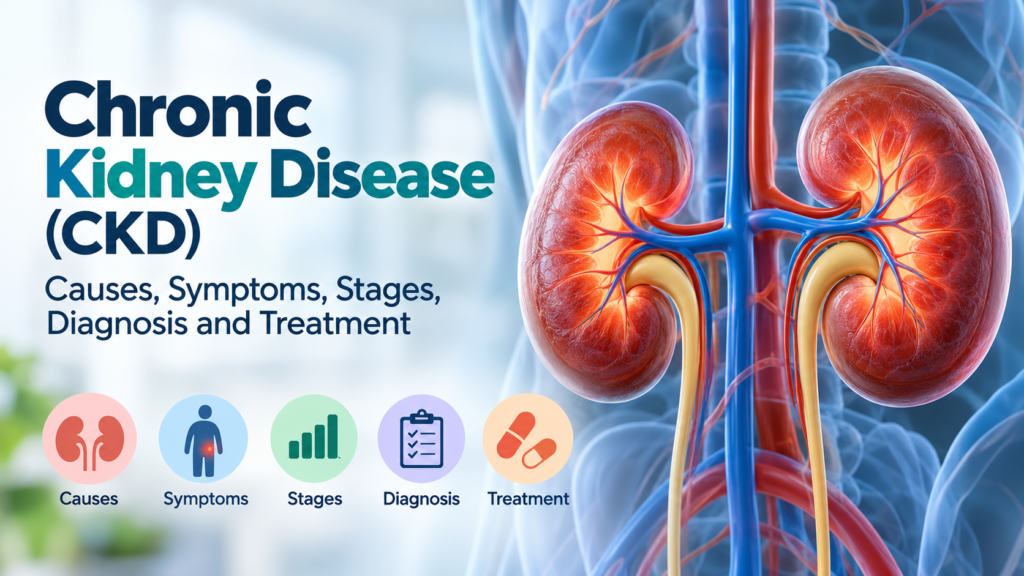 Medical illustration of the human kidneys for a chronic kidney disease article covering causes, symptoms, stages, diagnosis, and treatment.