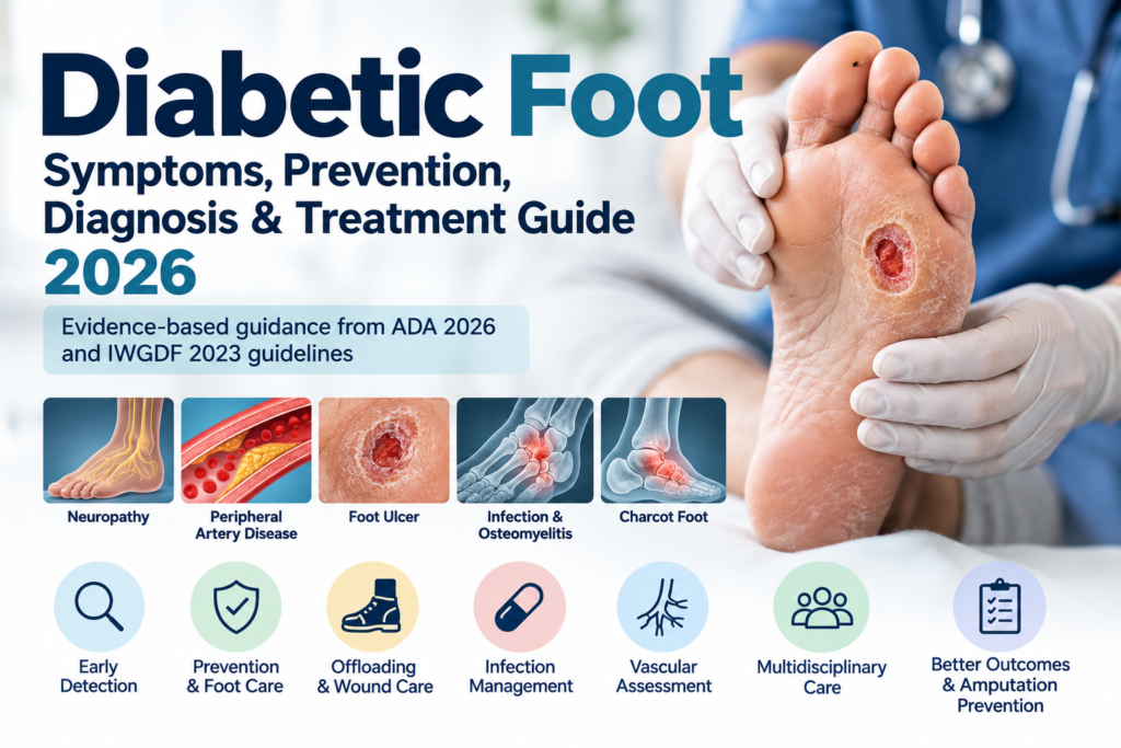 Diabetic foot ulcer with neuropathy, peripheral artery disease, infection, Charcot foot, and prevention and treatment strategies