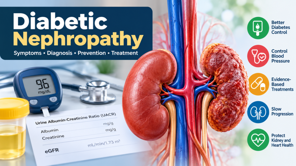 Diabetic nephropathy and diabetic kidney disease showing kidney damage, UACR and eGFR testing, and kidney-protective treatment
