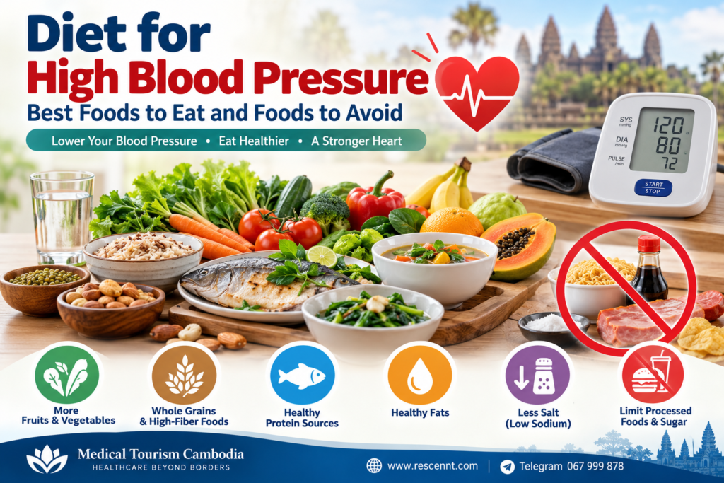 Diet for high blood pressure featuring fresh fruits, vegetables, whole grains, fish, healthy fats, and a low-sodium diet, with foods to avoid for hypertension.