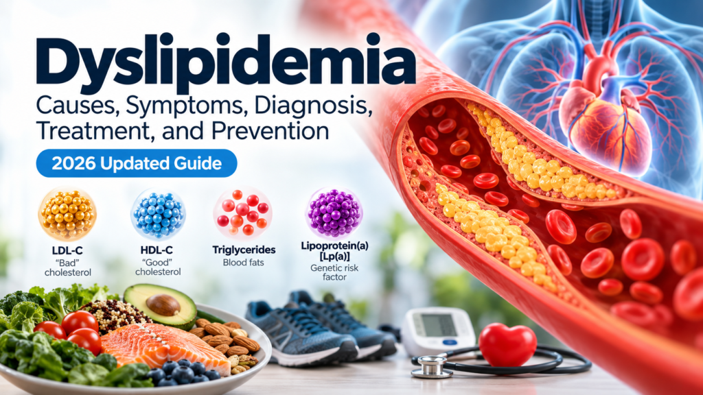 Medical illustration of dyslipidemia showing cholesterol particles, plaque buildup in an artery, the heart, and healthy lifestyle choices.
