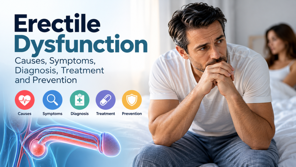 Medical illustration explaining erectile dysfunction, including its causes, symptoms, diagnosis, treatment, and prevention.