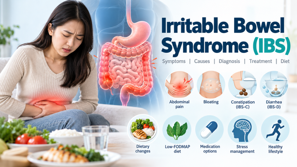 Irritable bowel syndrome infographic showing abdominal pain, bloating, constipation, diarrhea, dietary changes, and treatment options.