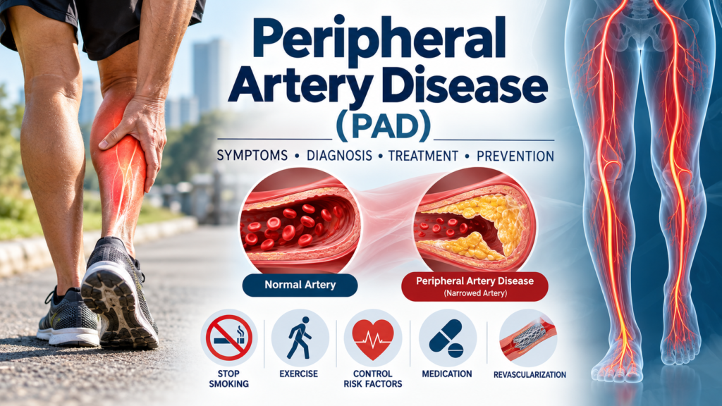 Medical illustration of peripheral artery disease showing narrowed leg artery, leg blood vessels, calf pain, and PAD prevention and treatment measures.
