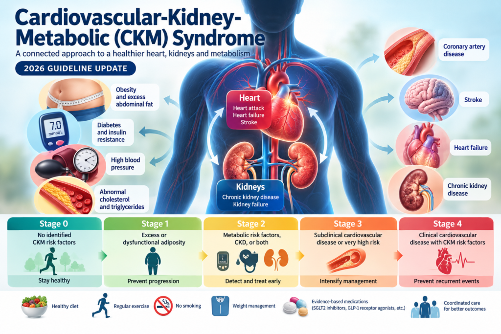 Cardiovascular-kidney-metabolic syndrome infographic showing heart disease, chronic kidney disease, obesity, diabetes, hypertension, and the five CKM stages.